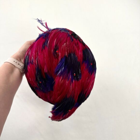 Vintage Jack McConnell Boutique Feathered Hat Wool Red Black Sparkle 50s 60s main image 6
